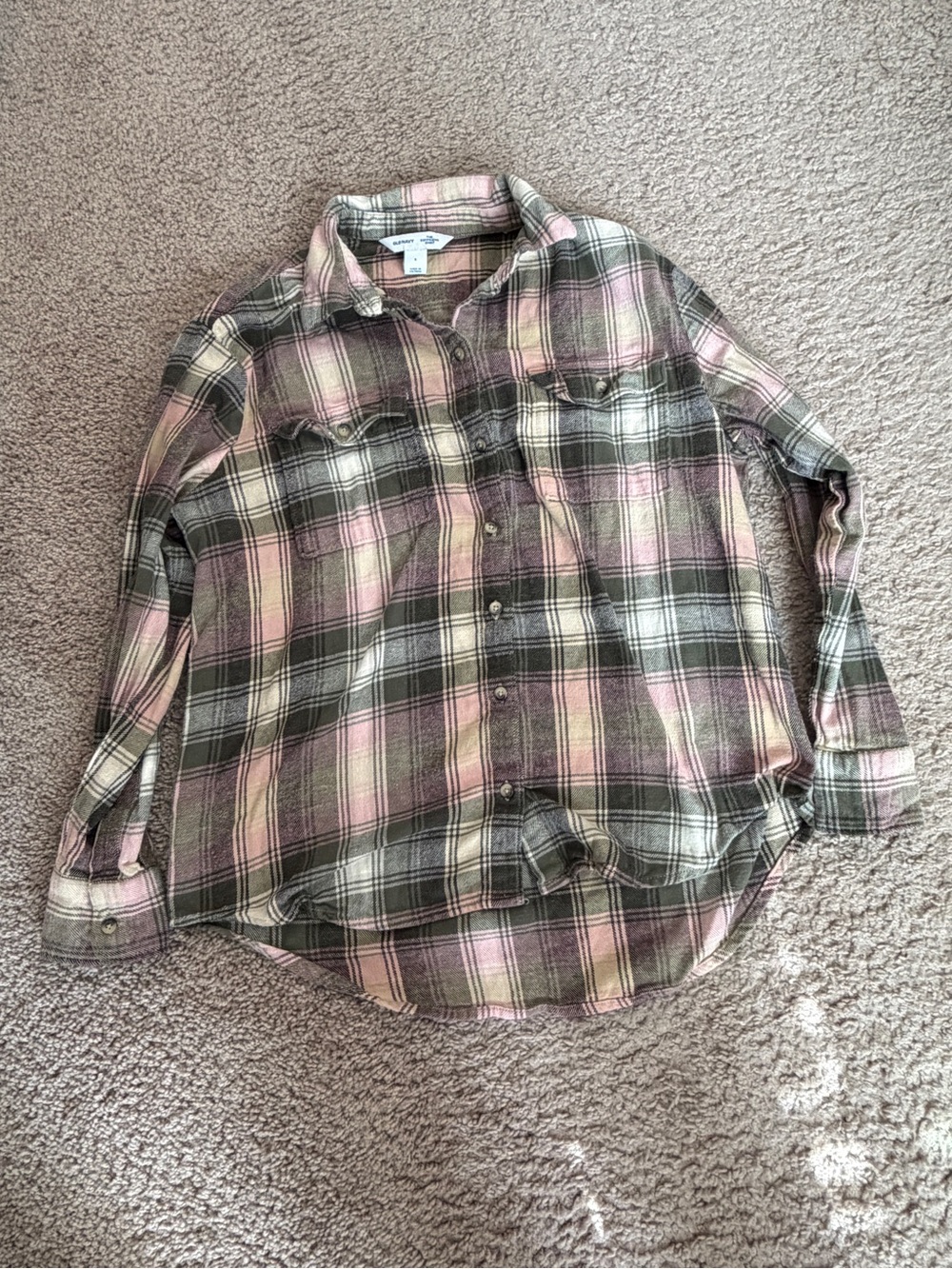 Old Navy Pink and Olive Plaid Button-Down Shirt